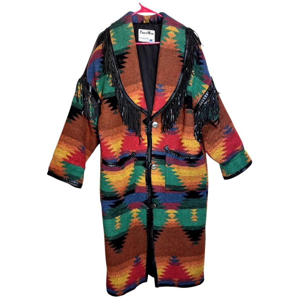 VTG Pioneer Wear Southwestern Aztec Style Full Length Duster Blanket Coat L USA